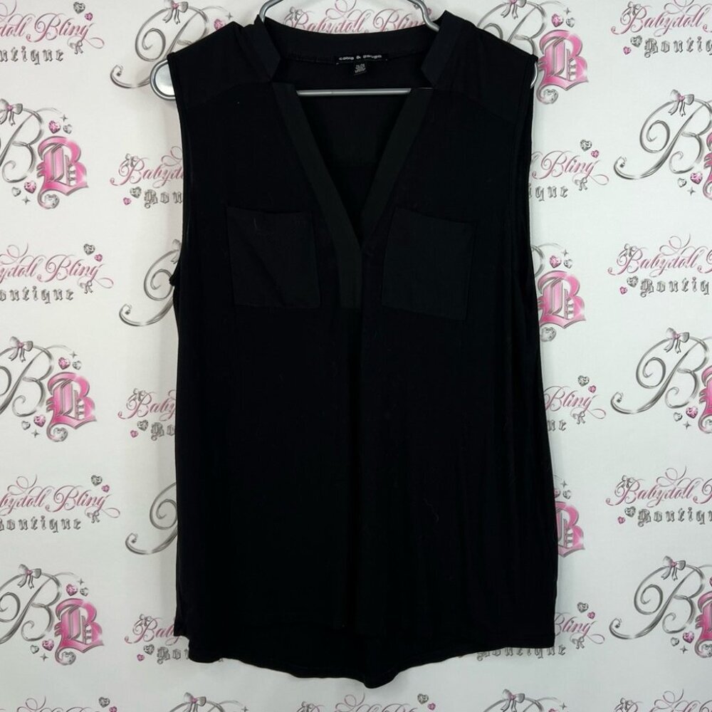 Cable & Gauge tank top pockets flowy blouse Black V-Neck Blouse